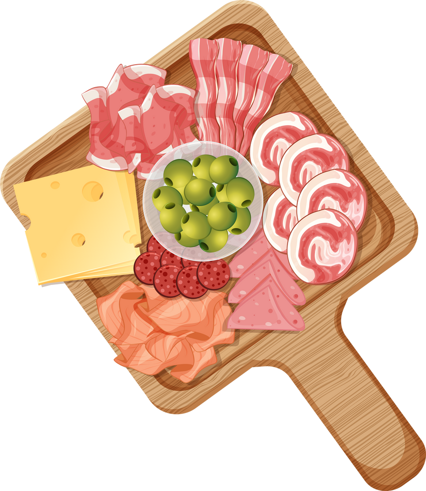 Platter of various cold meats and cheese isolated on white background